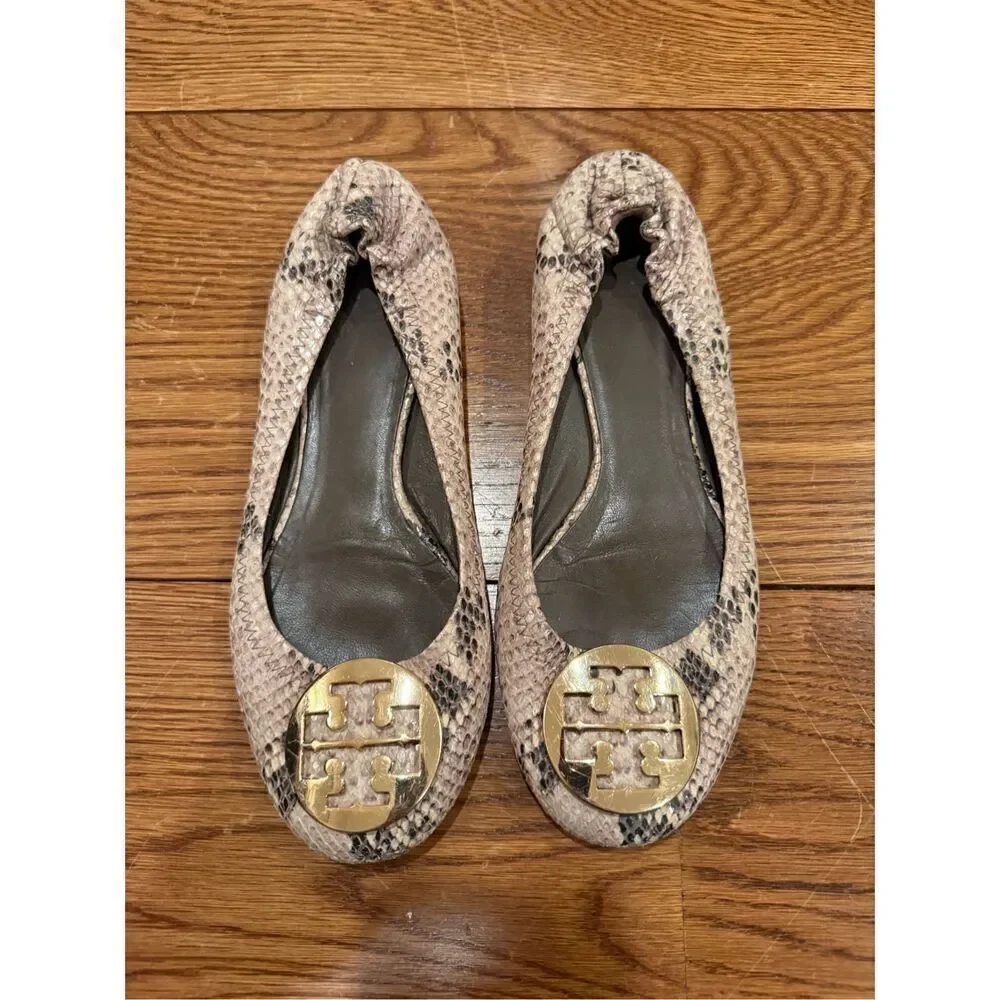 Tory Burch Reva Ballet Flats – Snakeskin Print with Gold Logo Medallion